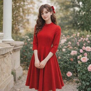 Zara Romantic Red Midi Dress for Women – Vintage-Fit & Flare with 3/4 Sleeve